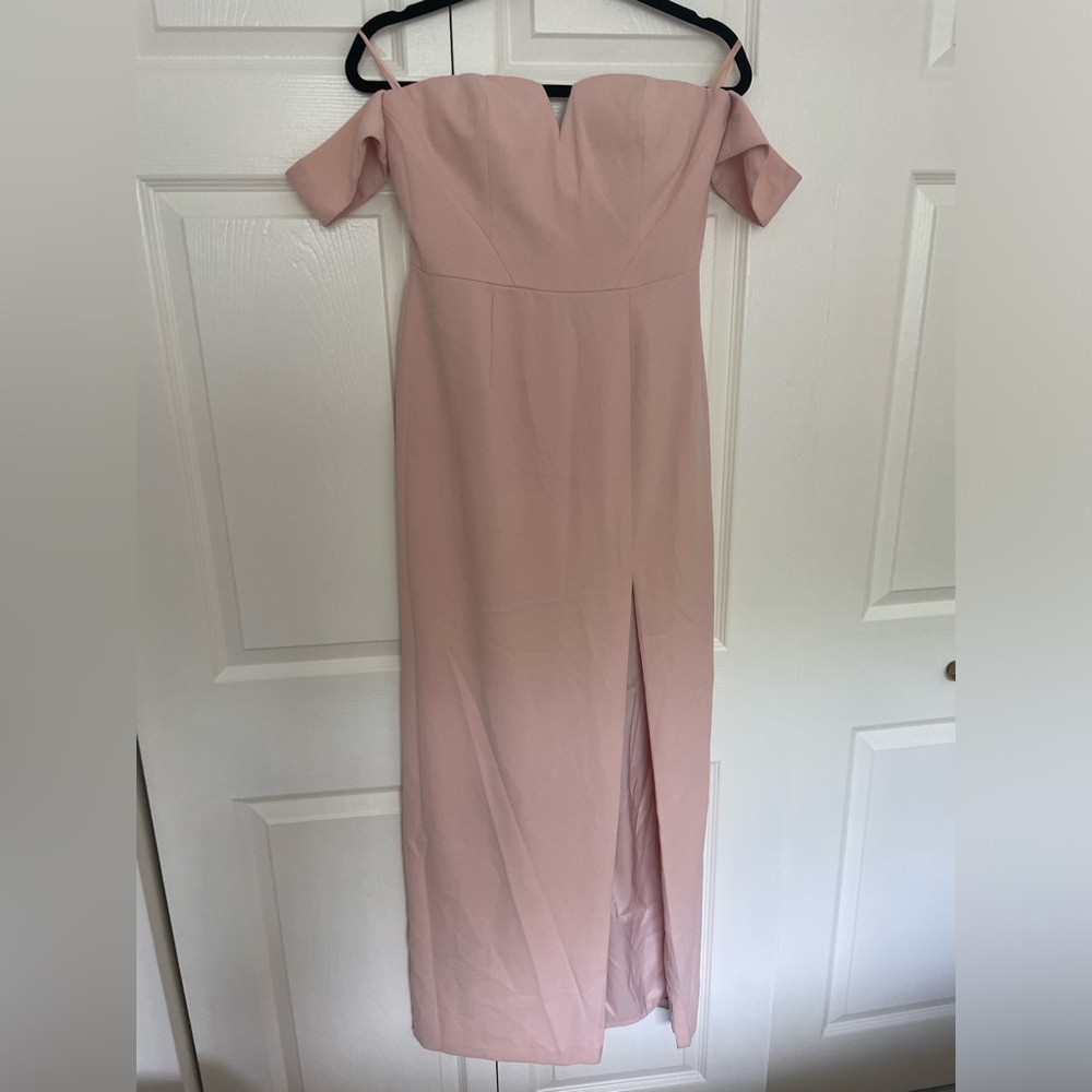 Blush off the shoulder gown with slit